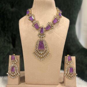 Regal Purple Kundan Polki Necklace Set